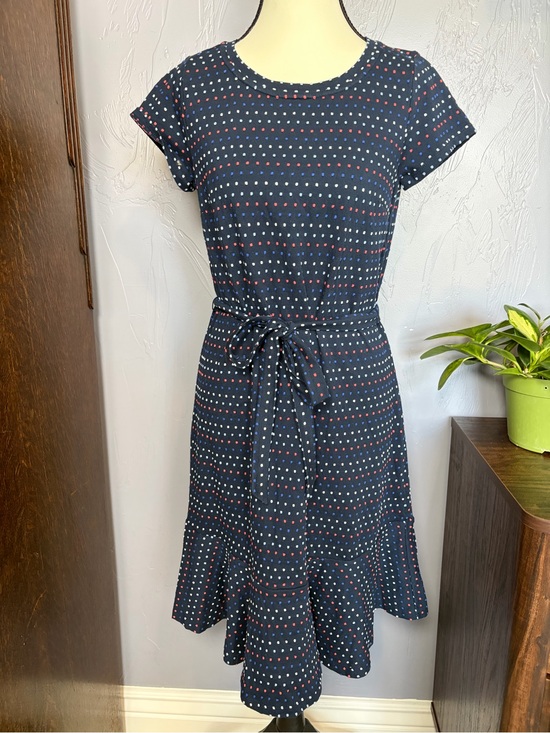 LOFT Dresses & Skirts - Loft Texture Navy Polka Dot Tie-Waist Dress 100% Cotton XS